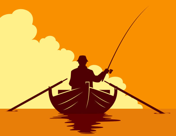 Fishing in a boat at sunset Fisherman in a boat silhouette on sunset background. Vector illustration of a man fishing in a boat. rowing boat fishing stock illustrations