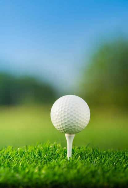 t シャツのペグが緑の背景で再生する準備ができて上にゴルフ ボールを閉じる - golf ball tee golf ball ストックフォトと画像