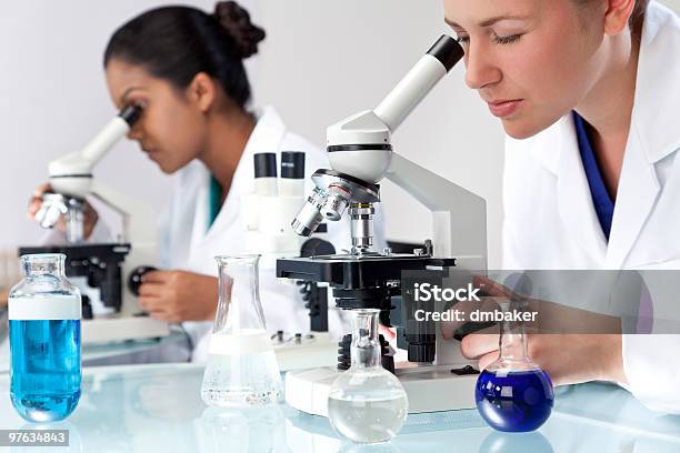 Foto de Equipe De Investigação Científica Feminino Usando Microscópios Em Laboratório e mais fotos de stock de Adulto