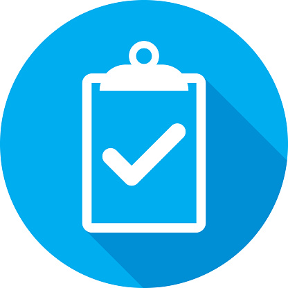 Vector illustration of a blue clipboard icon with checkmark in flat style.