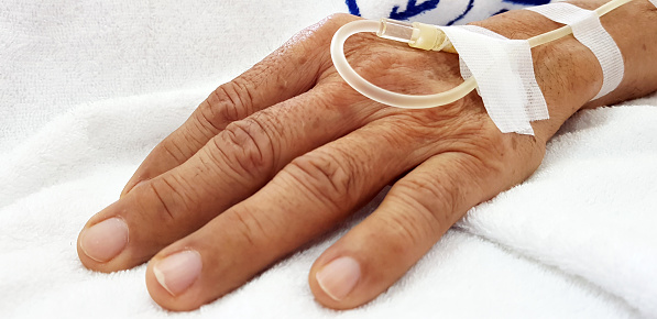 Water Injection Hand Selective Focus On Man Hand Receiving Saline Solution By Intravenous ...