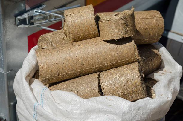 Grass dried and thermally pressed into briquettes, natural feed for farm animals, built up a hill, close-up
