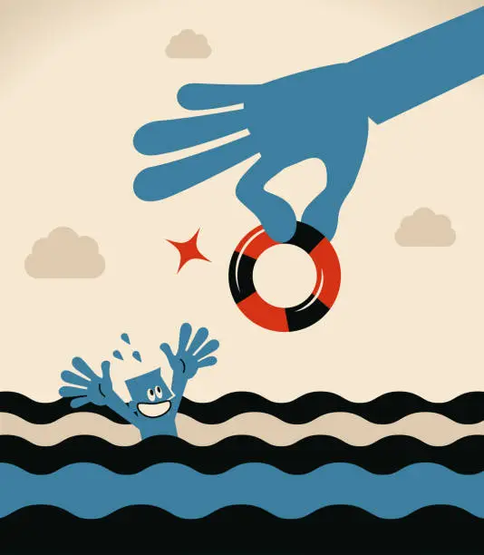 Vector illustration of Drowning businessman getting lifebuoy from a big helping hand for help