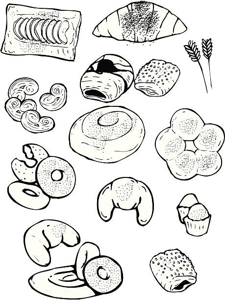 Industrial Bakery: Ensaimadas, croissant, palm tree, rolls, donuts ...  obesidade stock illustrations
