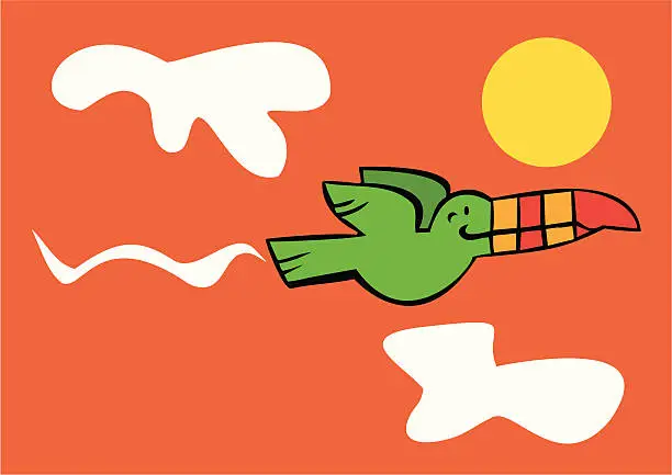 Vector illustration of Exotic bird flying at dawn