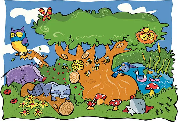 Vector illustration of Forest surrounded by animals, owl, mole, butterflies, birds ...