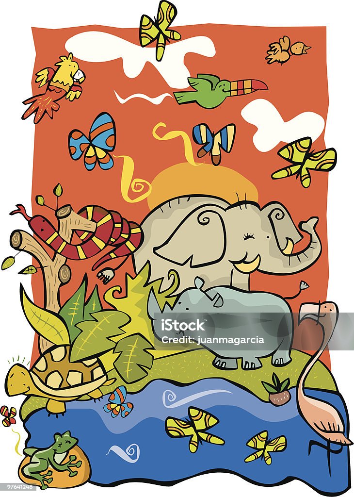 Jungla con elefantes, serpientes, rinocerontes, pájaros, itp. - Grafika wektorowa royalty-free (Ropucha)