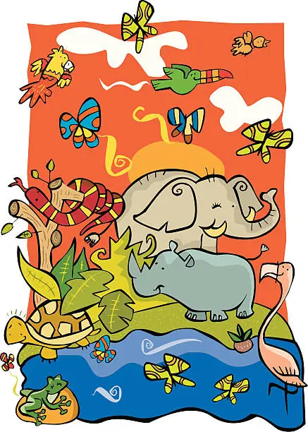 Vector illustration of Jungle with elephants, snakes, rhinos, birds, etc..