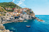 Seaside village Manarola, Colorful buildings and beach in Cinque Terre, Italy