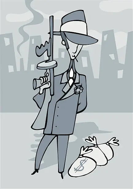 Vector illustration of Criminal of the 50s with machine gun