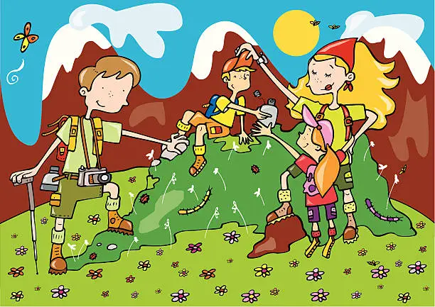 Vector illustration of Family holiday in the mountains