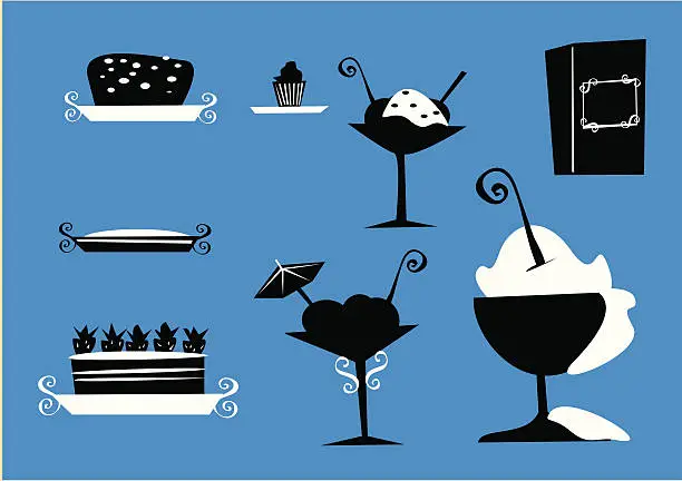 Vector illustration of Pastries, cakes, pies, sundaes, silhouettes of food