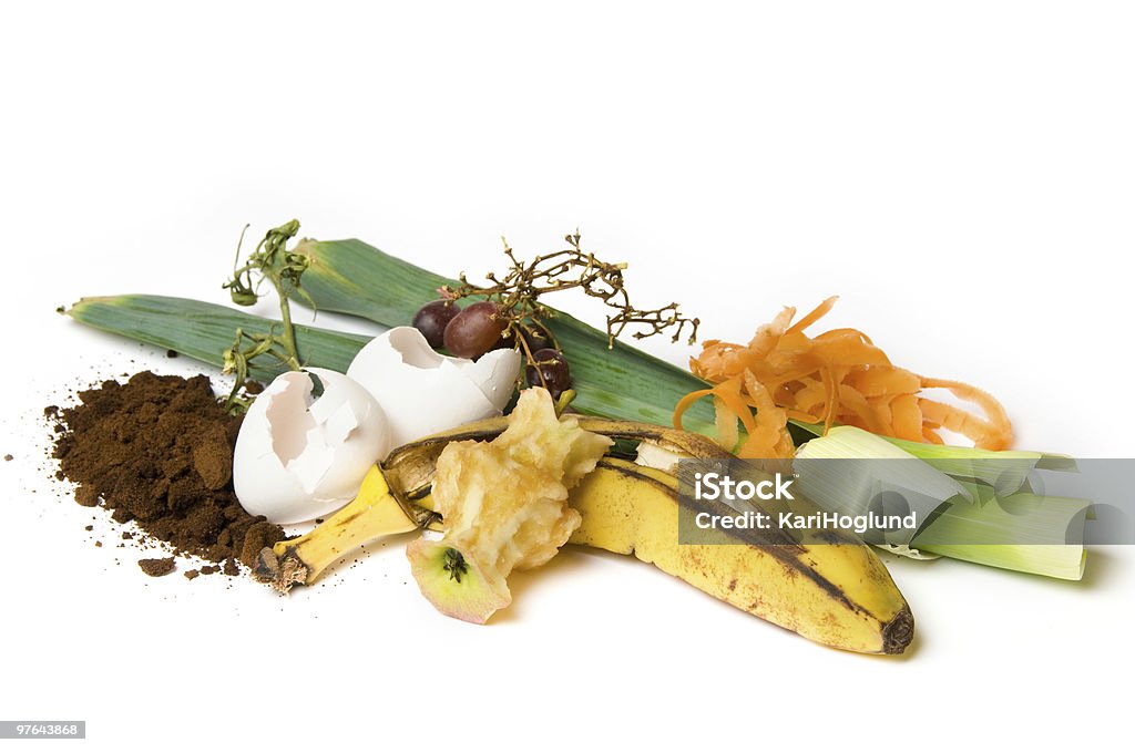 Sample of compost on a white background Fruit and other things that can be used as compost. Garbage Stock Photo