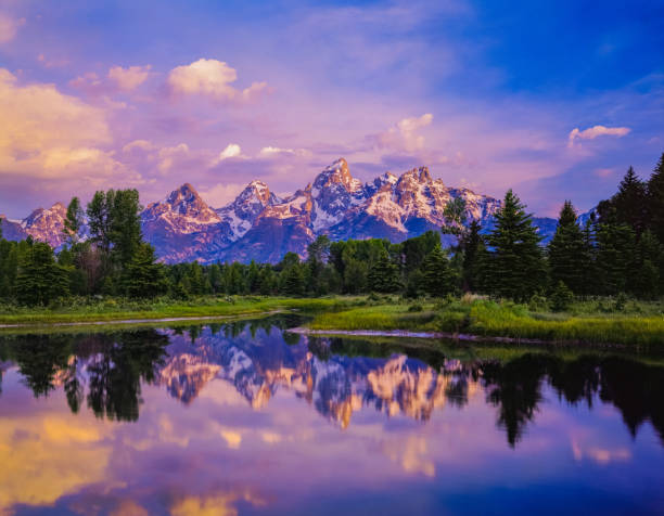 Beaver pond glows in pink at Grand Teton National Park pink and purple sunset at the Tetons, Grand Tetons National Park, Tetons with water, beaver pond sunset teton range photos stock pictures, royalty-free photos & images