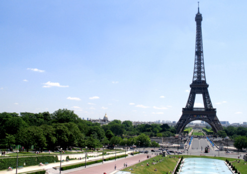 Paris, France - August 26 2022: View of Eiffel tower from the river cruise boat near the bridge called Pont del Alma