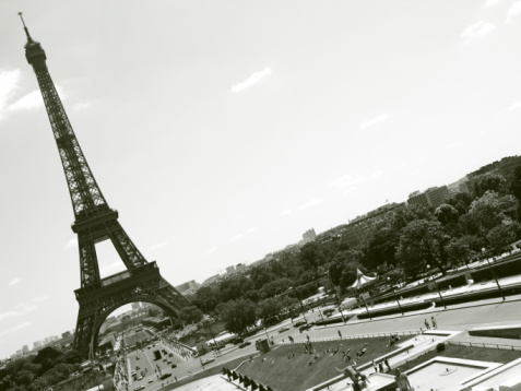 Aerial view of Paris, France.  Black and white image.