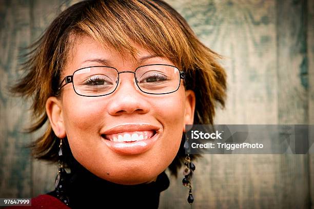 Beautiful Black Happy Ethnic Girl Glasses Stock Photo - Download Image Now - African Ethnicity, Bangs - Hair, Women