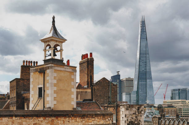 the shard, tallest building in uk, iconic architectural landmarks of london located on the southwark bank of the river thames seen from tower of london, england - tower london england greater london inner london imagens e fotografias de stock