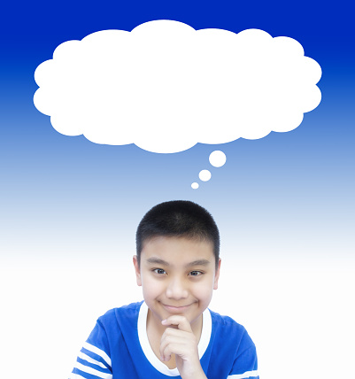 Boy thinking idea concept with empty speech for background.