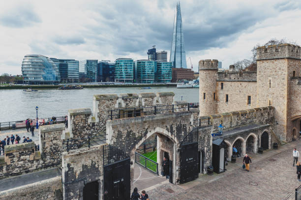 the shard, tallest building in uk, iconic architectural landmarks of london located on the southwark bank of the river thames seen from tower of london, england - tower london england greater london inner london imagens e fotografias de stock