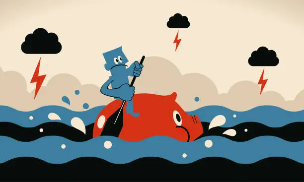 Vector illustration of One brave businessman rowing piggy bank sailing on the ocean in the bad economy