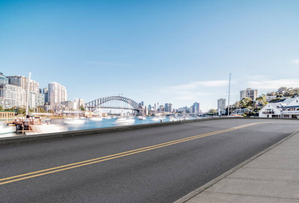 istock empty waterfront road with Sydney Harbor Bridge on background 976510072