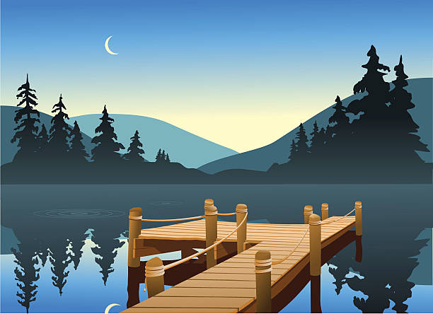 Illustration of a wooden fishing dock on a big lake An outdoor scene of a fishing dock on a quiet lake. The moon can be seen just over the tree line. docks stock illustrations