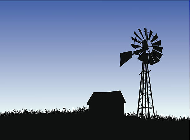 ilustrações, clipart, desenhos animados e ícones de silhueta de fazenda casa e moinho de vento. - moinho