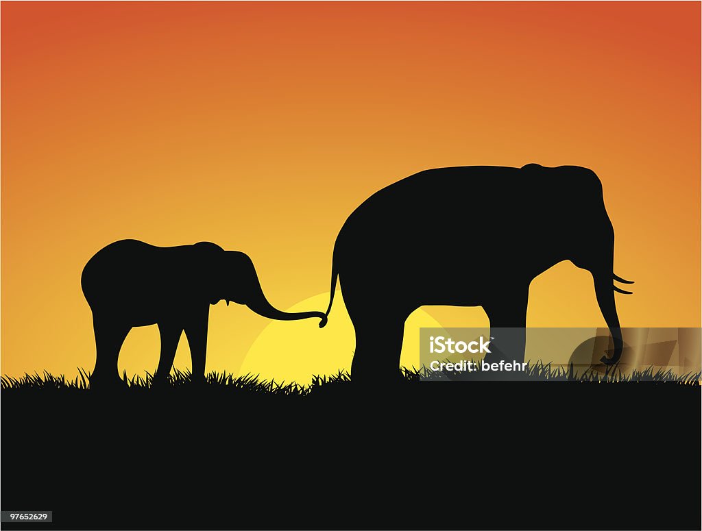 Éléphants au coucher du soleil - clipart vectoriel de Amour libre de droits