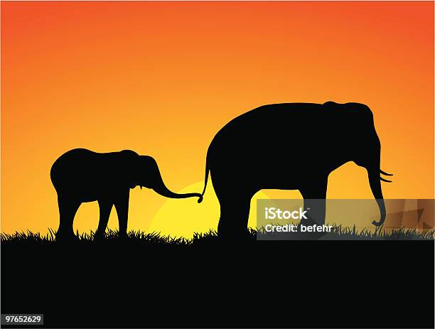 Éléphants Au Coucher Du Soleil Vecteurs libres de droits et plus d'images vectorielles de Amour - Amour, Animaux à l'état sauvage, Champ