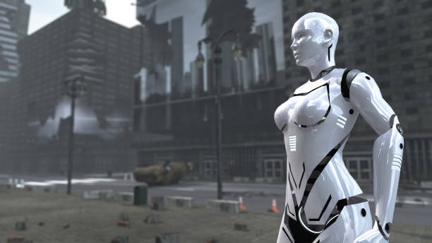 istock Futuristic robot woman on apocalyptic Time Square New York Manhattan. 3D rendering 976526880
