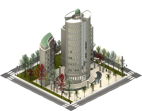 3D rendering of an isometric platform with building features. An illustration of modern architecture buildings which can be used for games for example.\nWith white background.\nThis image is tile-able.