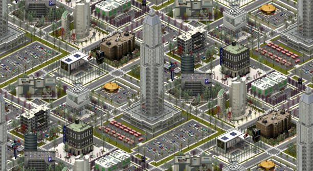 3D rendering of an isometric platform with building features. An illustration of modern architecture buildings which can be used for games for example.With white background.This image is tile-able.