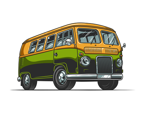 Vintage colorful hippie bus template on white background isolated vector illustration