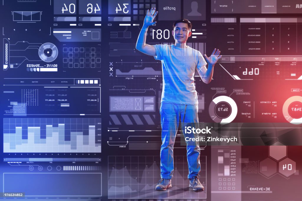 Very Positive Developer Positive Web Developer Smiling And Touching The Transparent Screen ...