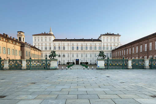 Main facade of Royal Palace in Castello Square, Turin, Italy