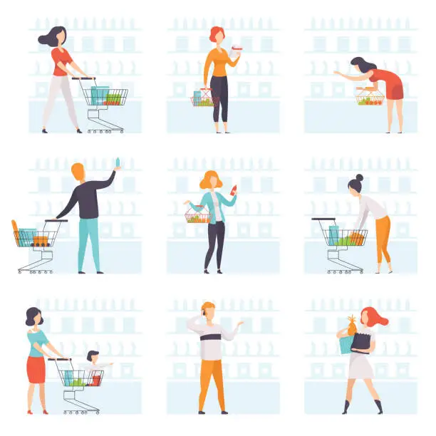 Vector illustration of People choosing products, pushing carts at grocery store set, man and woman shopping at supermarket vector Illustration on a white background