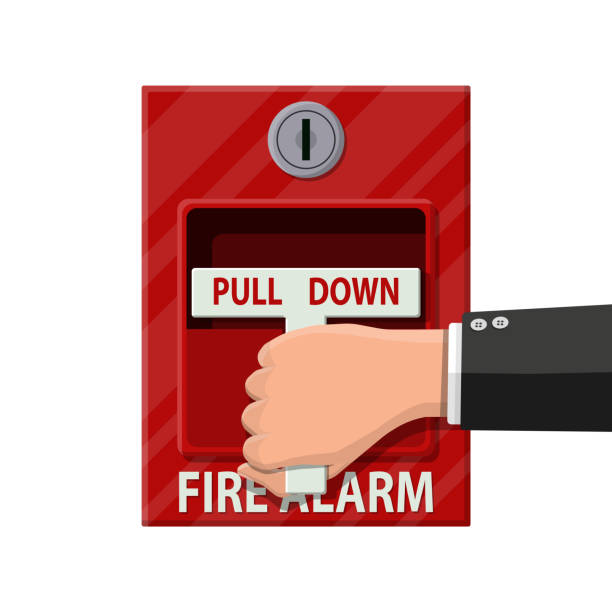 Hand switch fire alarm system. Fire equipment. Hand switch fire alarm system. Fire equipment. Vector illustration in flat style emergency break glass box stock illustrations