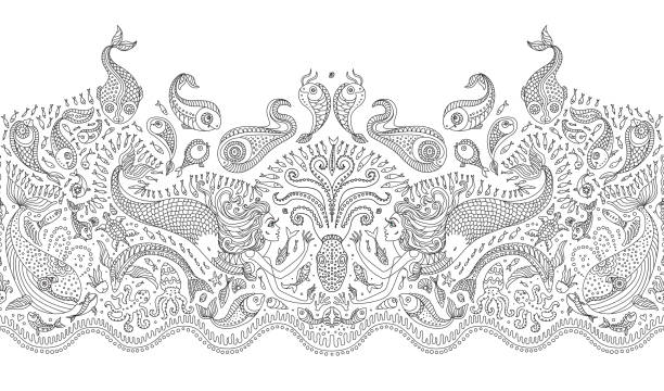 Vector seamless pattern. Fantasy mermaid, octopus, fish, sea animals thin contour line ornate drawing. Black and white embroidery border, wallpaper, textile print, wrapping paper, adults coloring book Vector seamless pattern. Fantasy mermaid, octopus, fish, sea animals thin contour line ornate drawing. Black and white embroidery border, wallpaper, textile print, wrapping paper, adults coloring book tattoo patterns stock illustrations