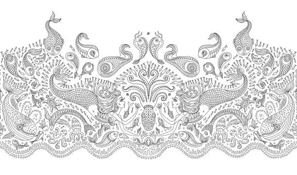 Vector illustration of Vector seamless pattern. Fantasy mermaid, octopus, fish, sea animals thin contour line ornate drawing. Black and white embroidery border, wallpaper, textile print, wrapping paper, adults coloring book