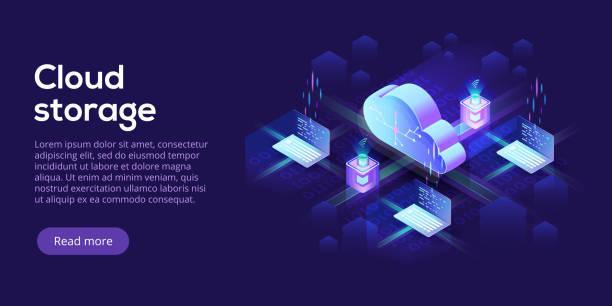 ilustrações de stock, clip art, desenhos animados e ícones de cloud computing or storage isometric vector illustration. 3d hosting servers or datacenter background. it network or mainframe infrastructure website header layout. computer system or workstation. - iaas