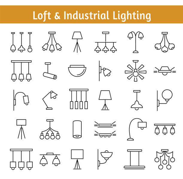 industrielle & loft beleuchtung. innen leuchten. icon-sammlung. - loft apartment home interior symbol apartment stock-grafiken, -clipart, -cartoons und -symbole