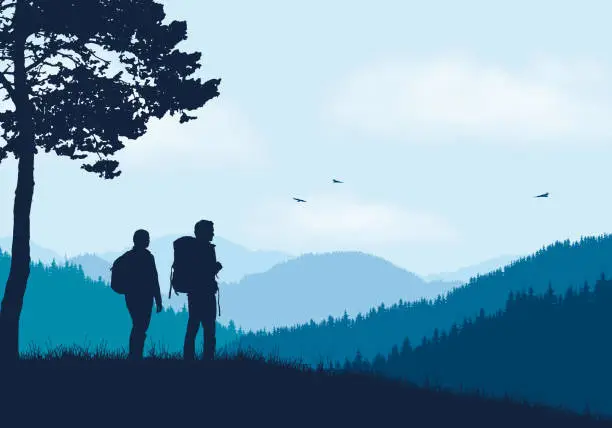 Vector illustration of Two tourists with backpacks standing in mountain landscape with forest, under blue sky with clouds and flying birds - vector