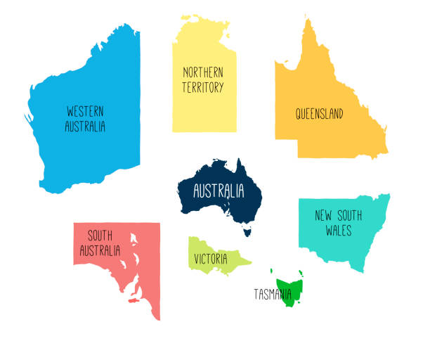 illustrazioni stock, clip art, cartoni animati e icone di tendenza di mappa vettoriale dell'australia con territori separati. - queensland