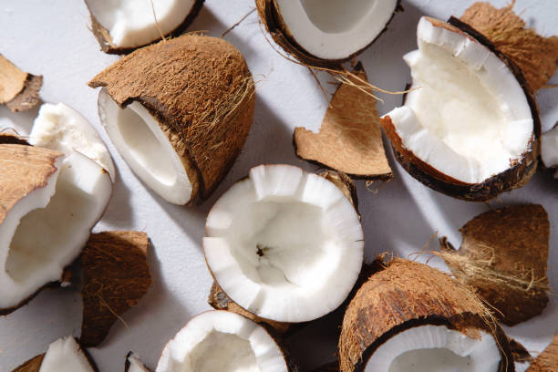 istock Close up image of cracked coconut on gray background 976567118