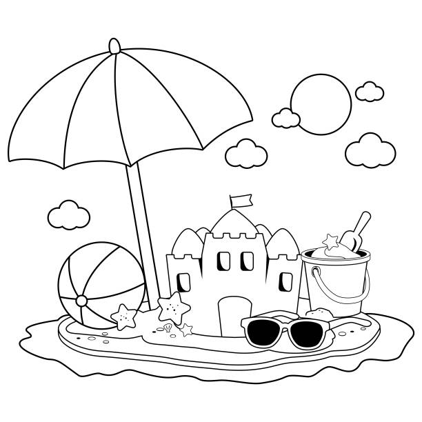 Summer vacation island with beach umbrella, a sandcastle and other beach toys. Black and white coloring book page Beach summer vacation island with beach umbrella, a sandcastle, toy bucket, a beach ball and sunglasses. Vector black and white illustration black and white beach stock illustrations