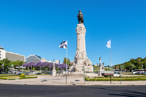 Lisbon, Portugal - May 19, 2017: The Marquess of Pombal Square roundabout in the city of Lisbon, Portugal with the monument to Sebastiao Jose de Carvalho e Melo.