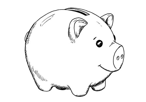 Drawing of piggy bank - hand sketch of animal - money storage, black and white illustration A hand drawing of small glass pig - money storage piggy bank illustrations stock illustrations
