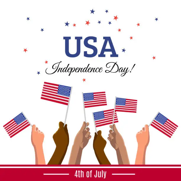 Vector illustration of USA Independence Day greeting card with american flags on young people hands