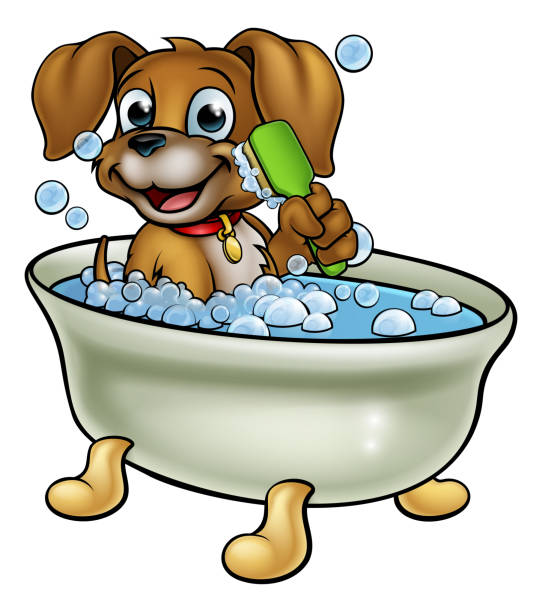 ilustrações de stock, clip art, desenhos animados e ícones de cartoon dog in the bath - dog bathtub washing puppy